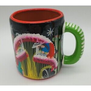 Mexican Folk Art Mug Redware Hand painted Cactus Glitter Red